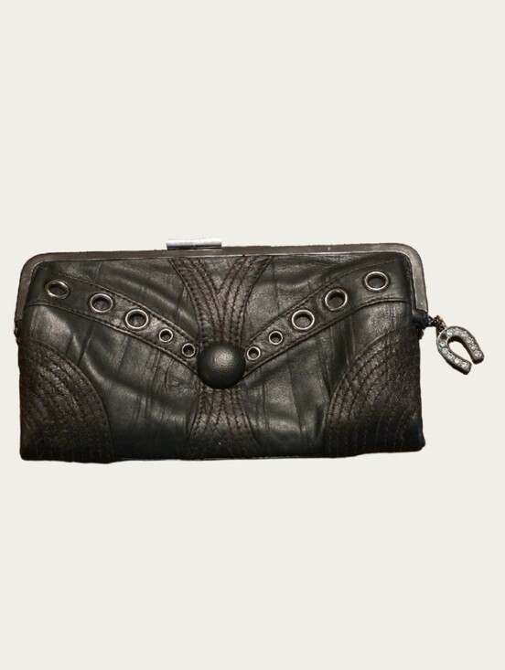 Betsey Johnson Handbags - VTG Betsey Johnson Black Leather Horseshoe Grommet Wallet Clutch Y2K Western